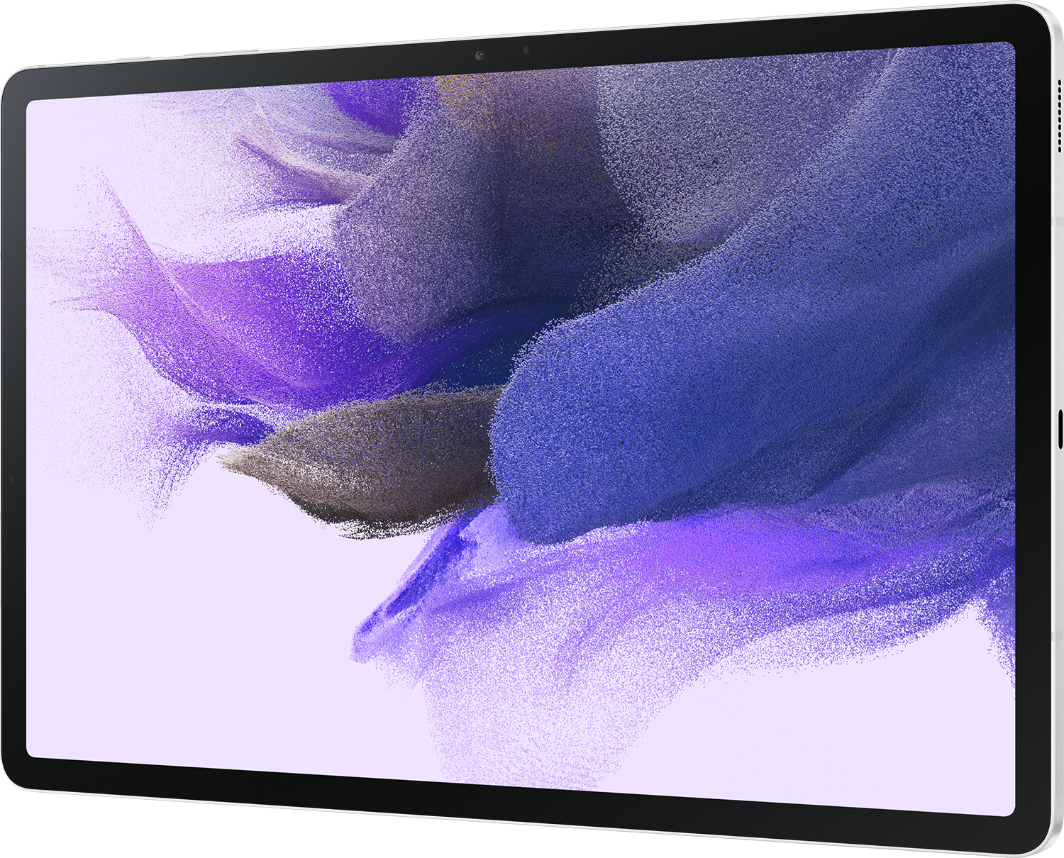 Tablet auf weißer Oberfläche. Der Bildschirm zeigt ein lila Bild.