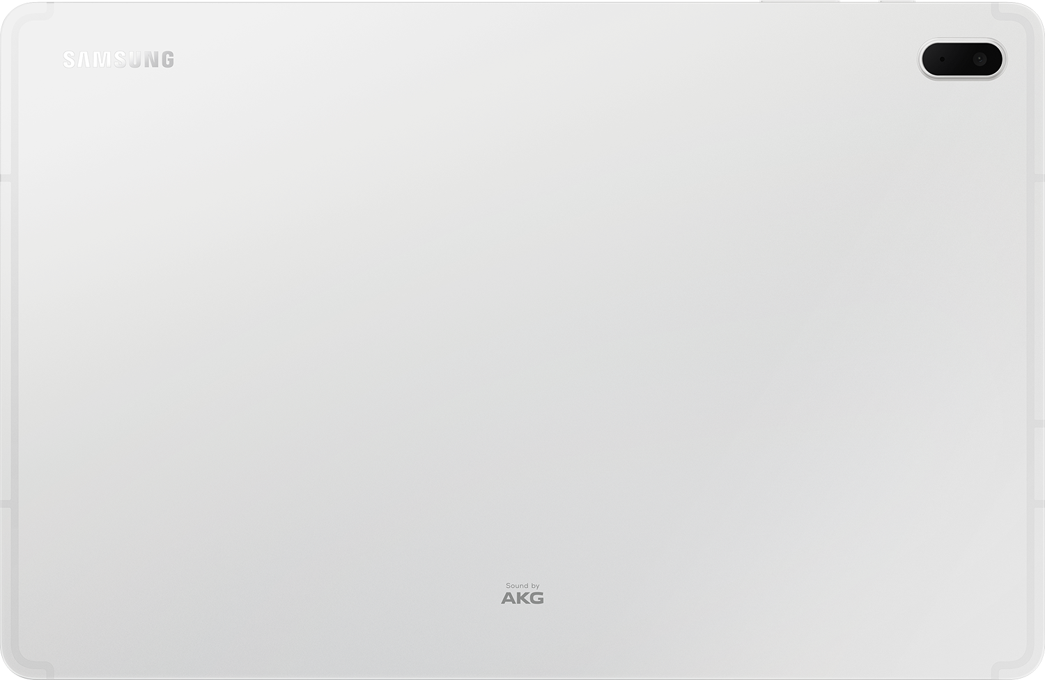 Ein weißes Samsung-Tablet, Rückansicht. Samsung-Logo oben, AKG unten, Kamera rechts.