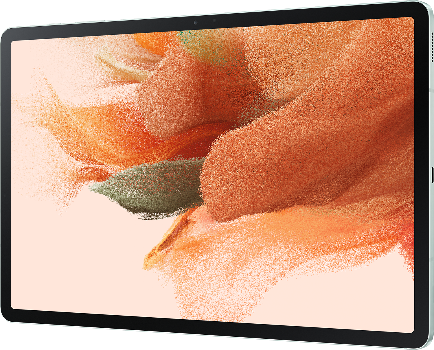 Ein hellgrünes Tablet auf weißem Untergrund. Der Bildschirm zeigt einen verschwommenen, orange-braunen Hintergrund.