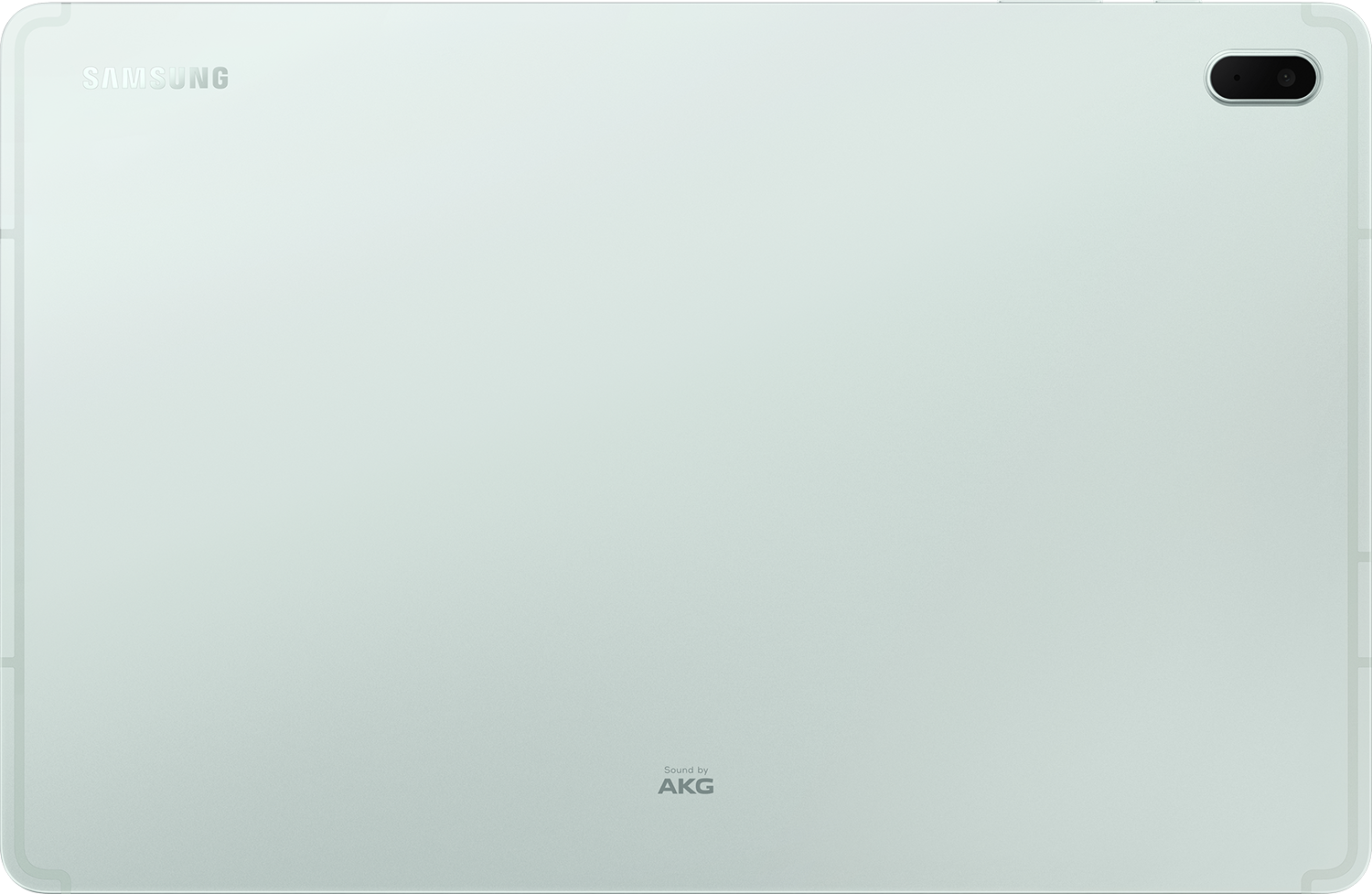 Ein weißes Tablet mit Kamera und Samsung-Logo. Die Rückseite ist hellgrün mit AKG-Branding.