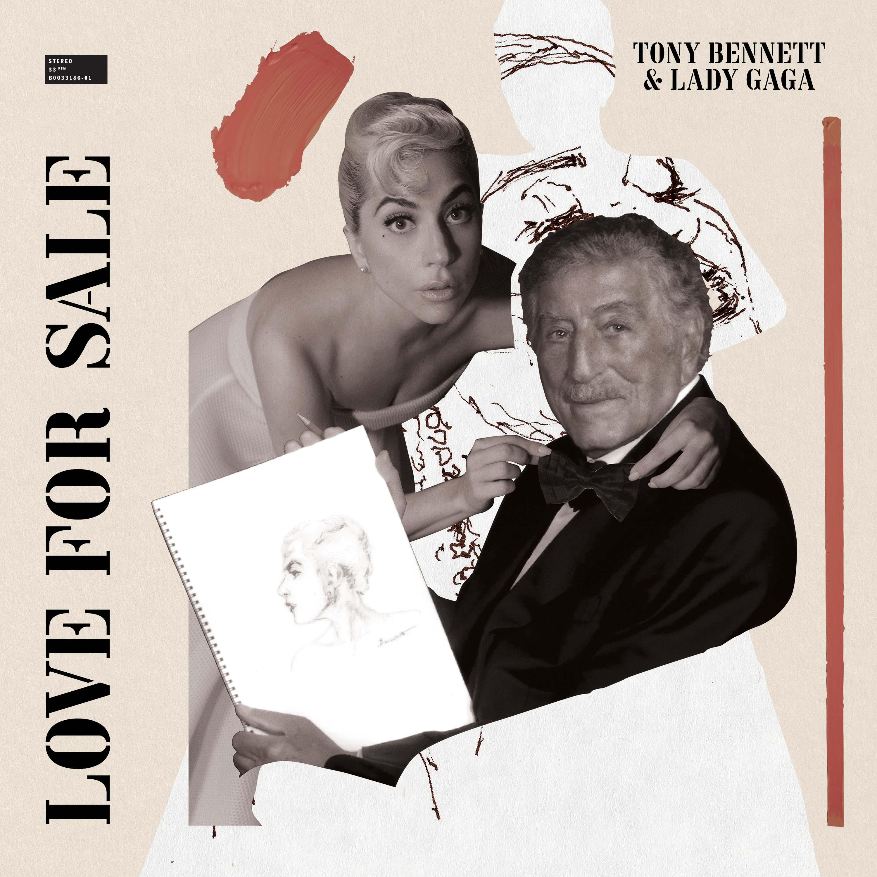 Albumcover mit Tony Bennett & Lady Gaga, mit rotem, weißem und hellbraunem Hintergrund.