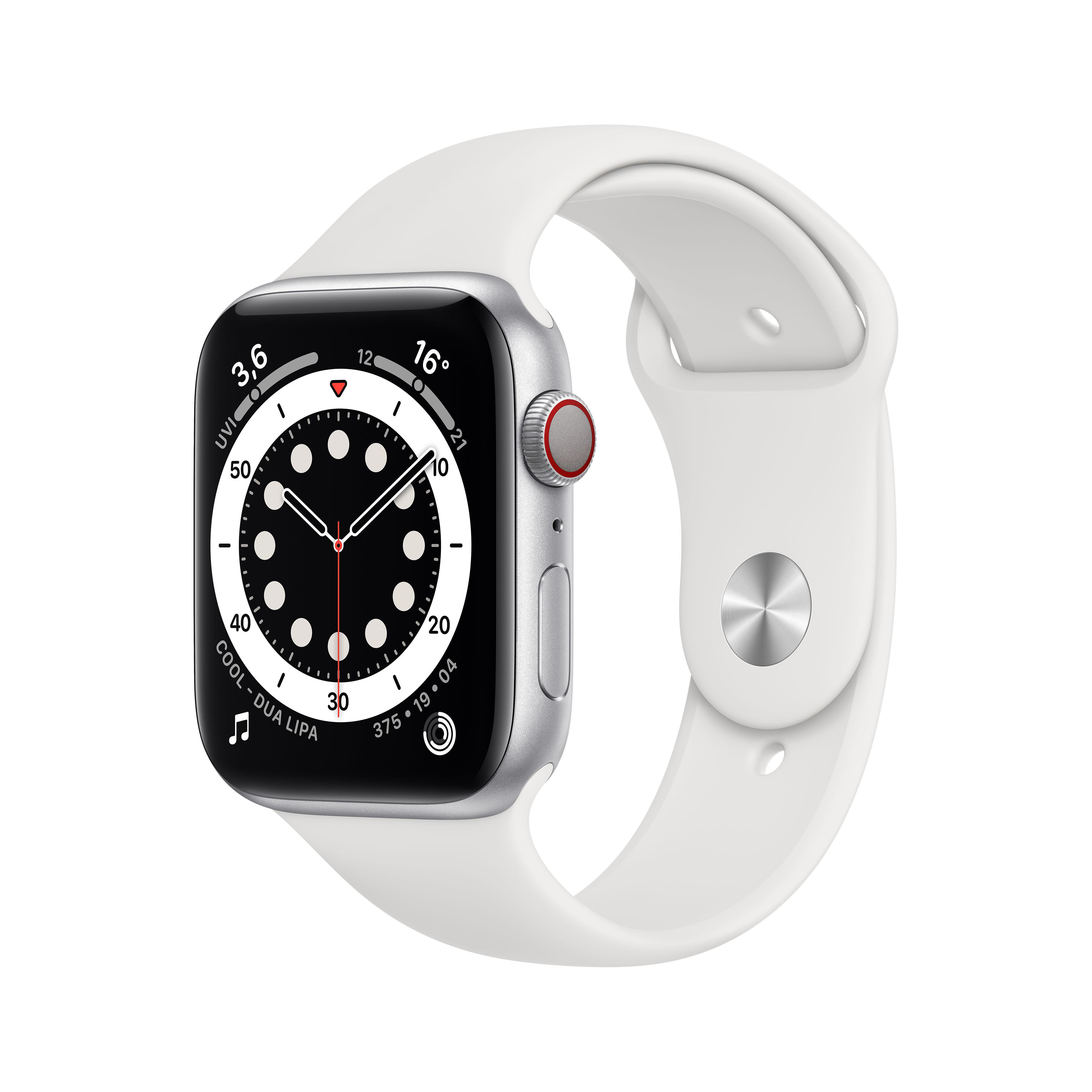 Series 140 Fluorelastomer, Armband: Weiß, mm, Smartwatch Watch Aluminium - Cellular) 6 APPLE + (GPS 210 Gehäuse: Silber 44mm