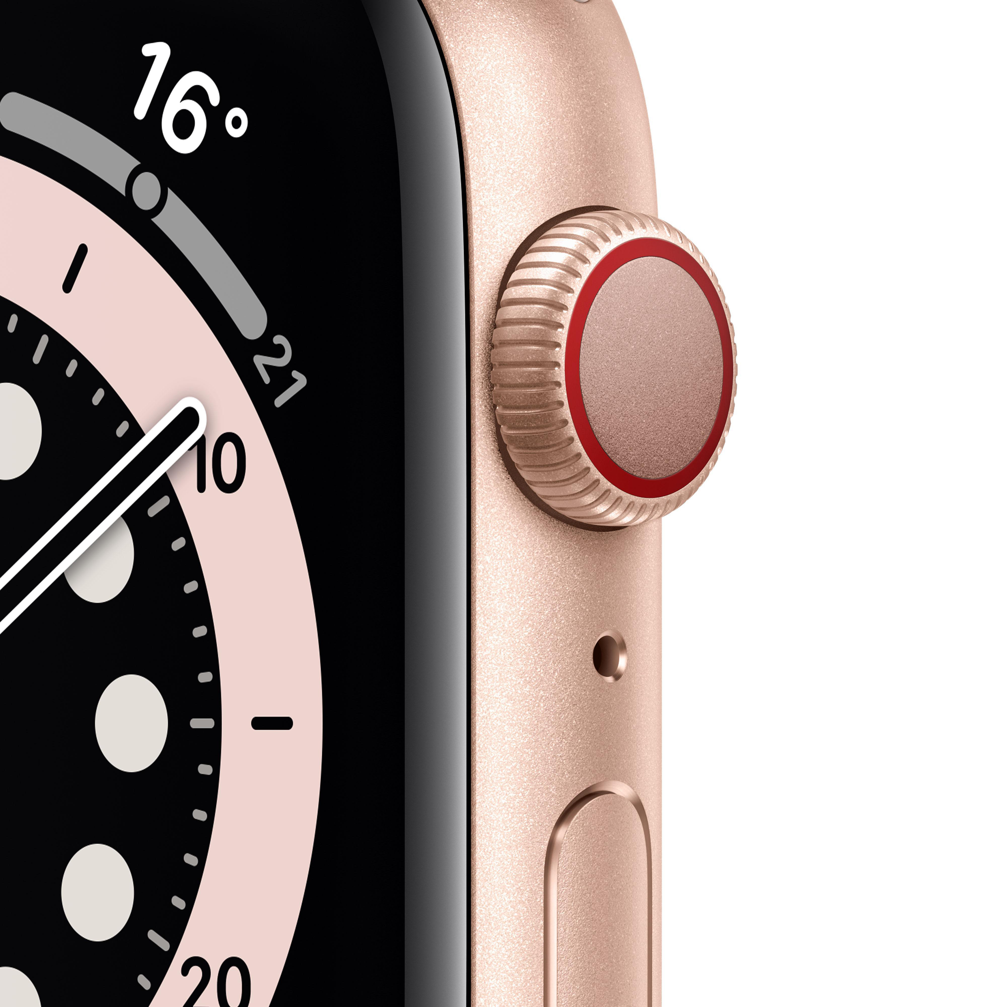 APPLE Watch Series 6 (GPS + Cellular) 44mm Smartwatch Aluminium Fluorelastomer, 140 - 210 mm, Armband: Pink Sand, Gehäuse: Gold