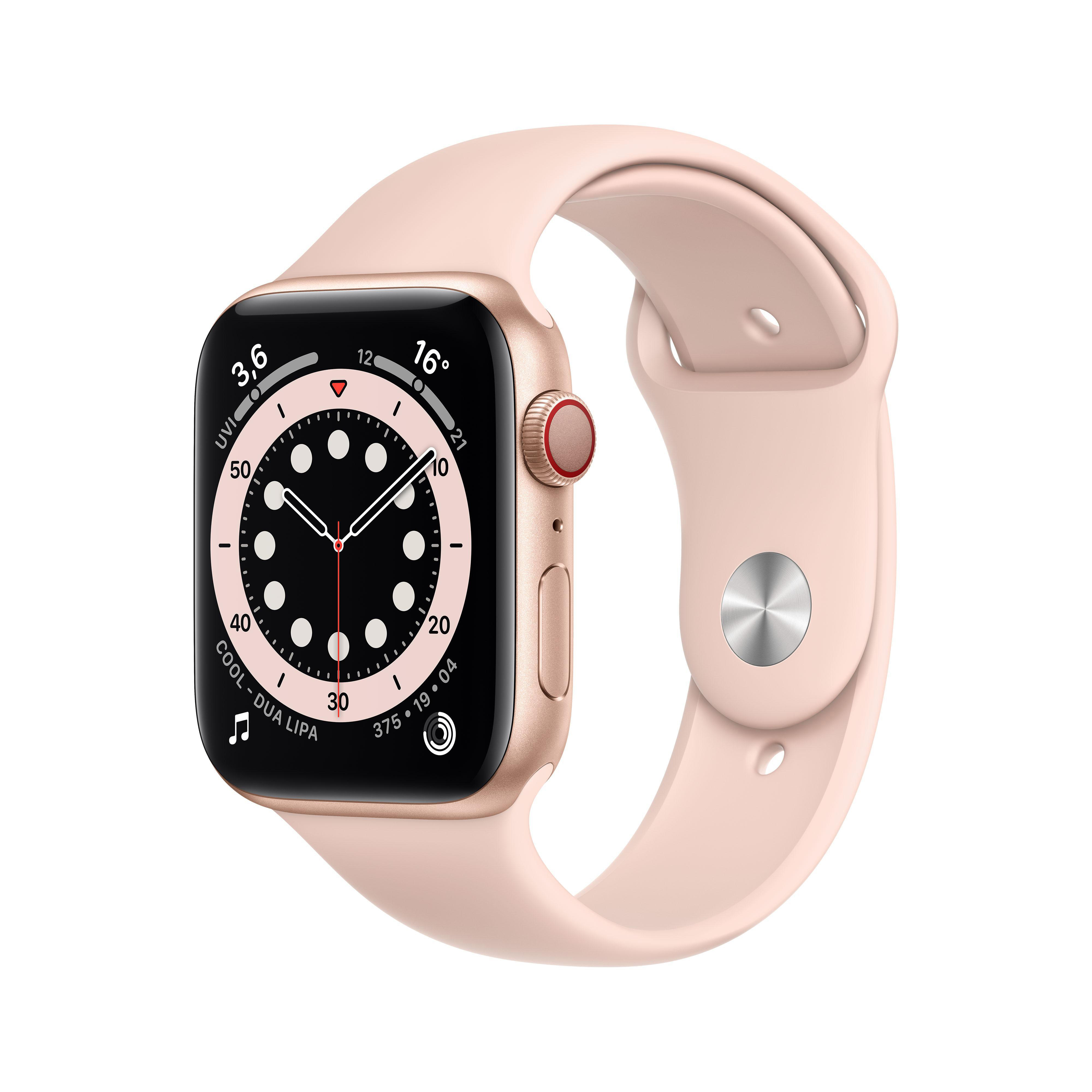 APPLE Watch Series 6 (GPS Armband: Fluorelastomer, Smartwatch Gold Cellular) Pink 210 Sand, + 44mm Aluminium - 140 mm, Gehäuse