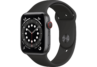 APPLE Watch Series 6 (GPS + Cellular), 44 mm Aluminiumgehäuse Space Grau, Sportarmband Schwarz Smartwatch Aluminium Fluorelastomer, 140 - 210 mm, Schwarz/Space Grau