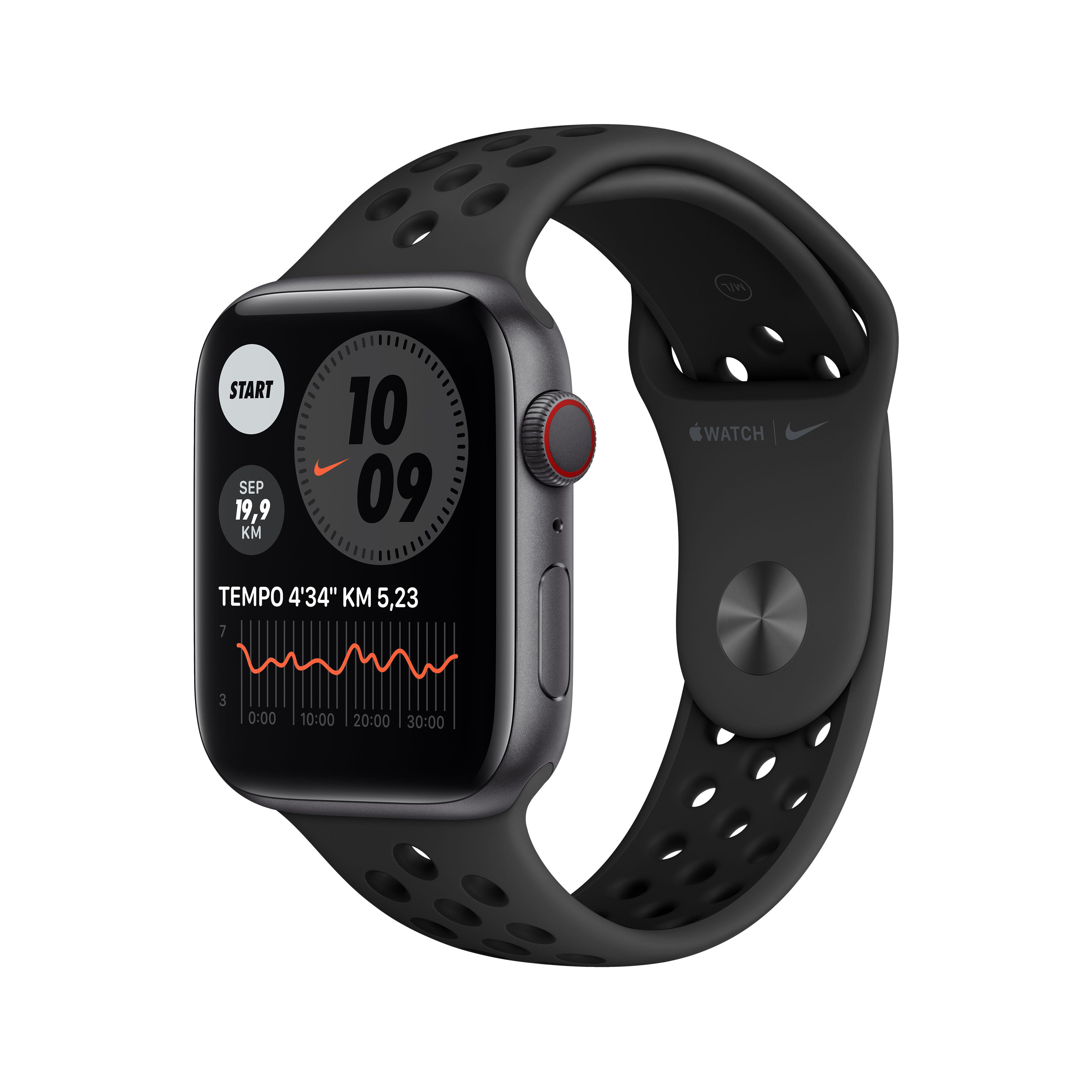 APPLE Watch 140 Series (GPS Space - 220 Grau/Schwarz 44mm Smartwatch Cellular) Nike + 6 Fluorelastomer, mm