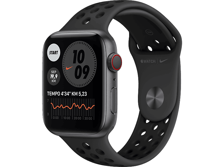 APPLE Watch Series 6 Nike + Smartwatch Space (GPS 44mm mm, 140 Fluorelastomer, - Grau/Schwarz Cellular) 220