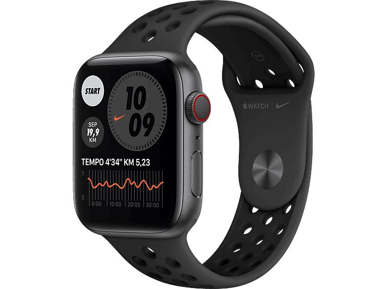 APPLE Watch 220 - Smartwatch Grau/Schwarz 44mm Space Nike Fluorelastomer, Cellular) 140 Series (GPS 6 + mm