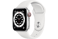 APPLE Watch Series 6 (GPS + Cellular) 40mm Smartwatch Aluminium Fluorelastomer, 130 - 200 mm, Armband: Weiß, Gehäuse: Silber