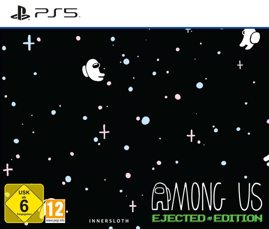 Among Us 'Ejected Edition' PS5-Spielhülle, schwarzer Hintergrund mit Charakteren und Sternen.