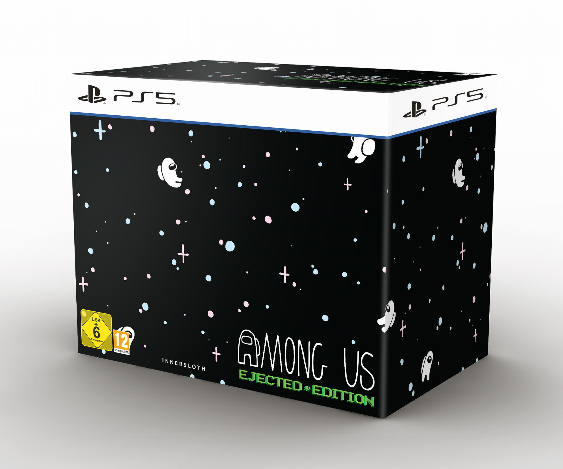 Among Us PS5-Spielbox mit Charakteren und schwarzem Hintergrund, weißem Deckel und grünem Text.