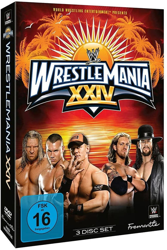 DVD-Cover: Wrestler vor Sonnenuntergang, WWE-Logo. Titel: WrestleMania XXIV.