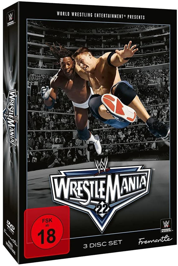 DVD-Boxset von WrestleMania 22 mit zwei Wrestlern in Aktion.