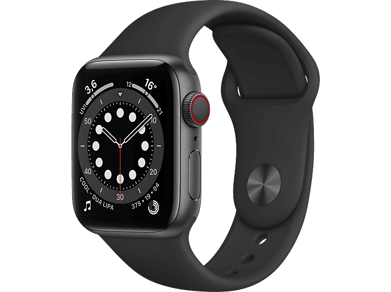 APPLE Watch Series 6 (GPS + Cellular) 40mm Smartwatch Aluminium Fluorelastomer, 130 - 200 mm, Armband: Schwarz, Gehäuse: Space Gray