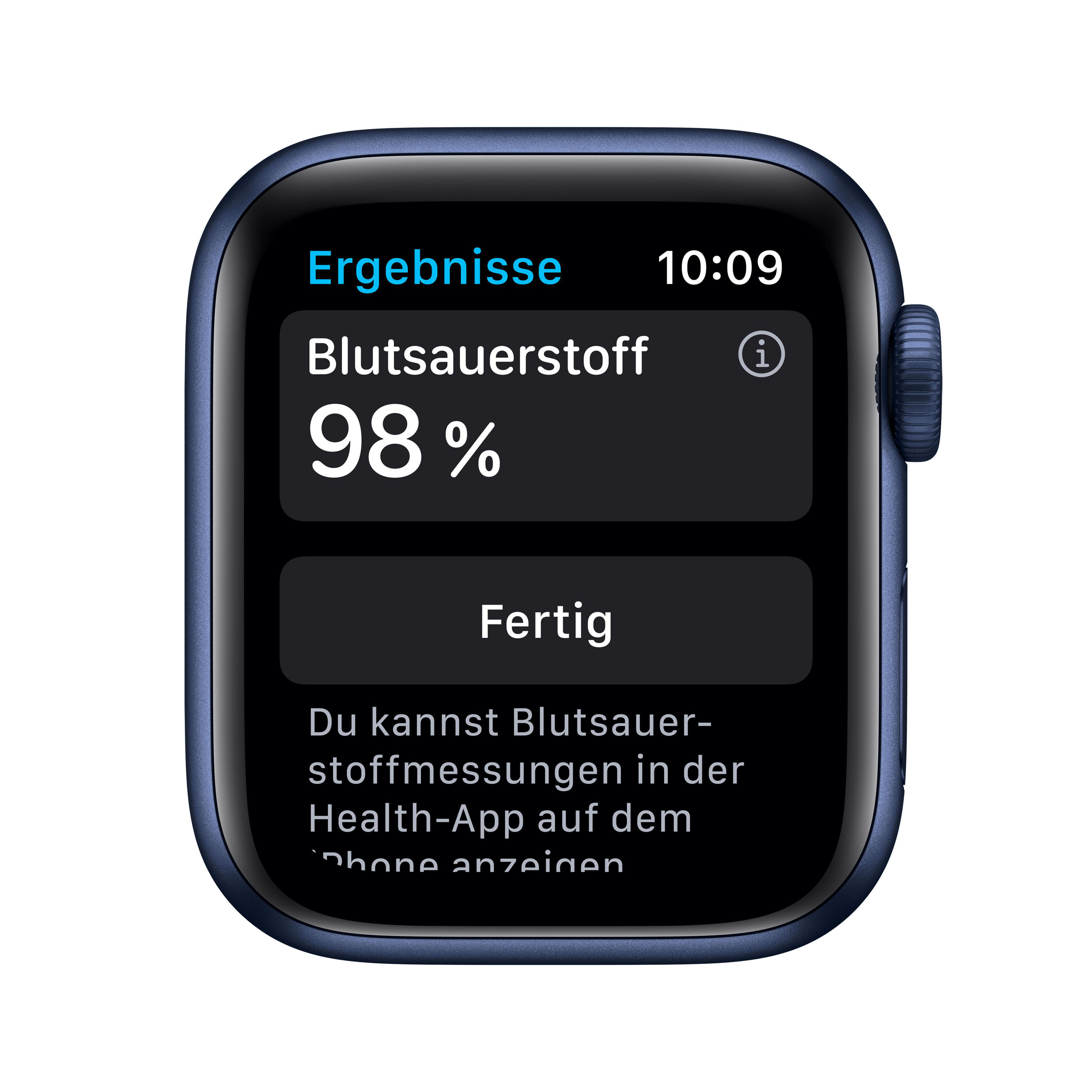 Smartwatch zeigt Blutsauerstoff 98%. Die Uhr ist blau mit schwarzem Bildschirm.