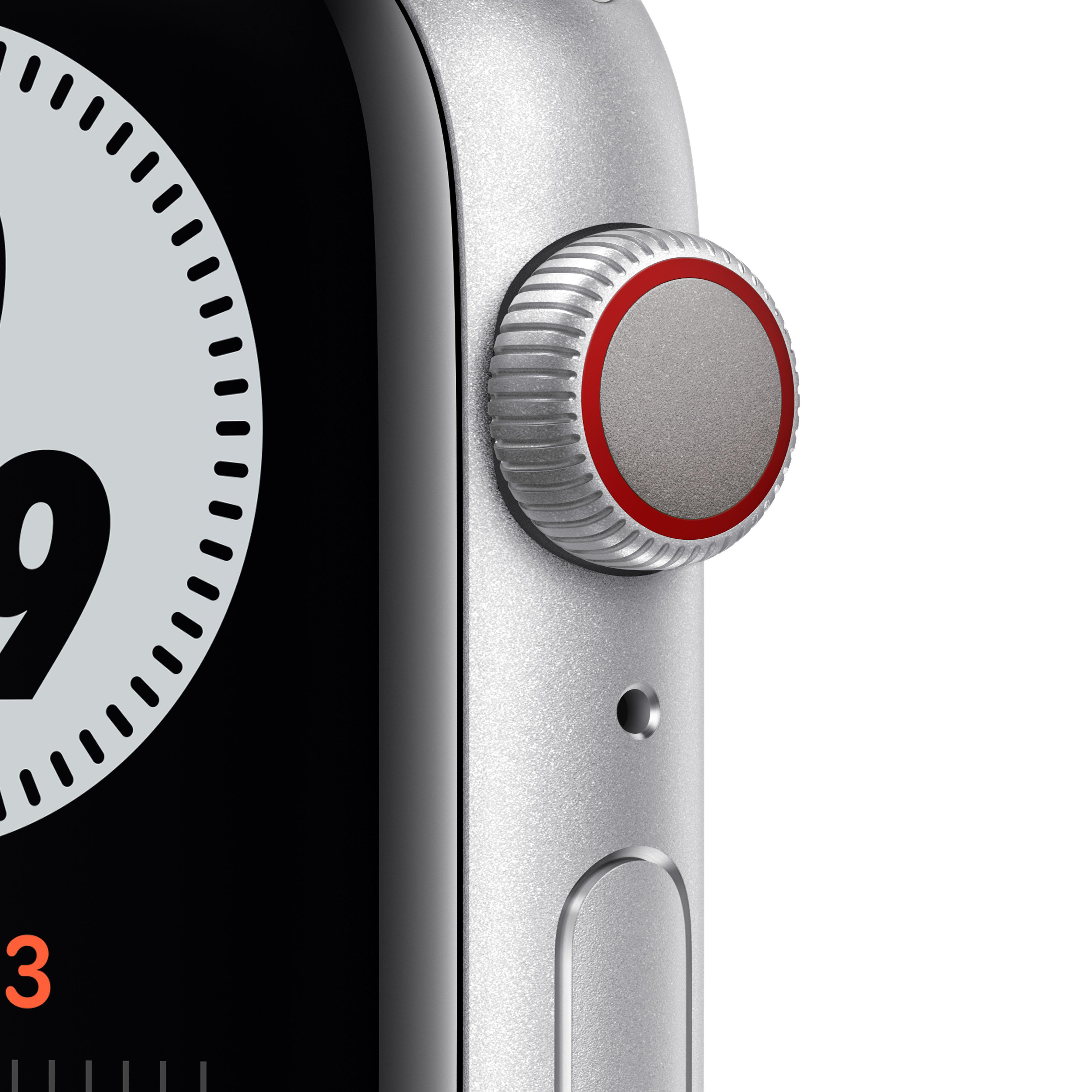 APPLE Watch Series 6 Nike (GPS + Cellular) 44mm Smartwatch Fluorelastomer, 140 - 220 mm, Silber/Schwarz