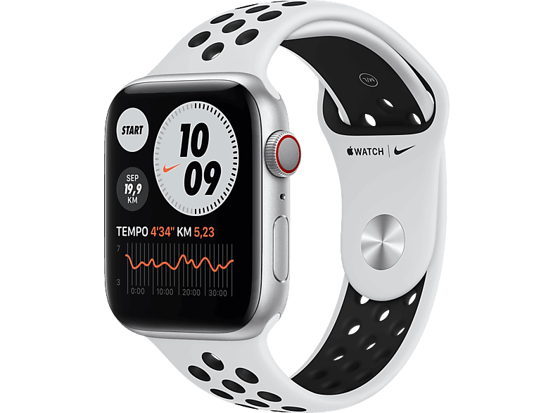 APPLE Watch Series 6 Nike (GPS + Cellular) 44mm Smartwatch Fluorelastomer, 140 - 220 mm, Silber/Schwarz | Smartwatches mit GPS