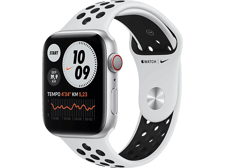 APPLE Watch Series 6 220 140 mm, - Smartwatch Cellular) + 44mm Nike Fluorelastomer, (GPS Silber/Schwarz