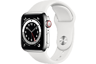 APPLE Watch Series 6 (GPS + Cellular) 40mm Smartwatch Edelstahl Fluorelastomer, 130 - 200 mm, Armband: Weiß, Gehäuse: Silber