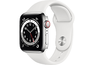 APPLE Watch Series 6 (GPS + Cellular) 40mm Smartwatch Edelstahl Fluorelastomer, 130 - 200 mm, Armband: Weiß, Gehäuse: Silber