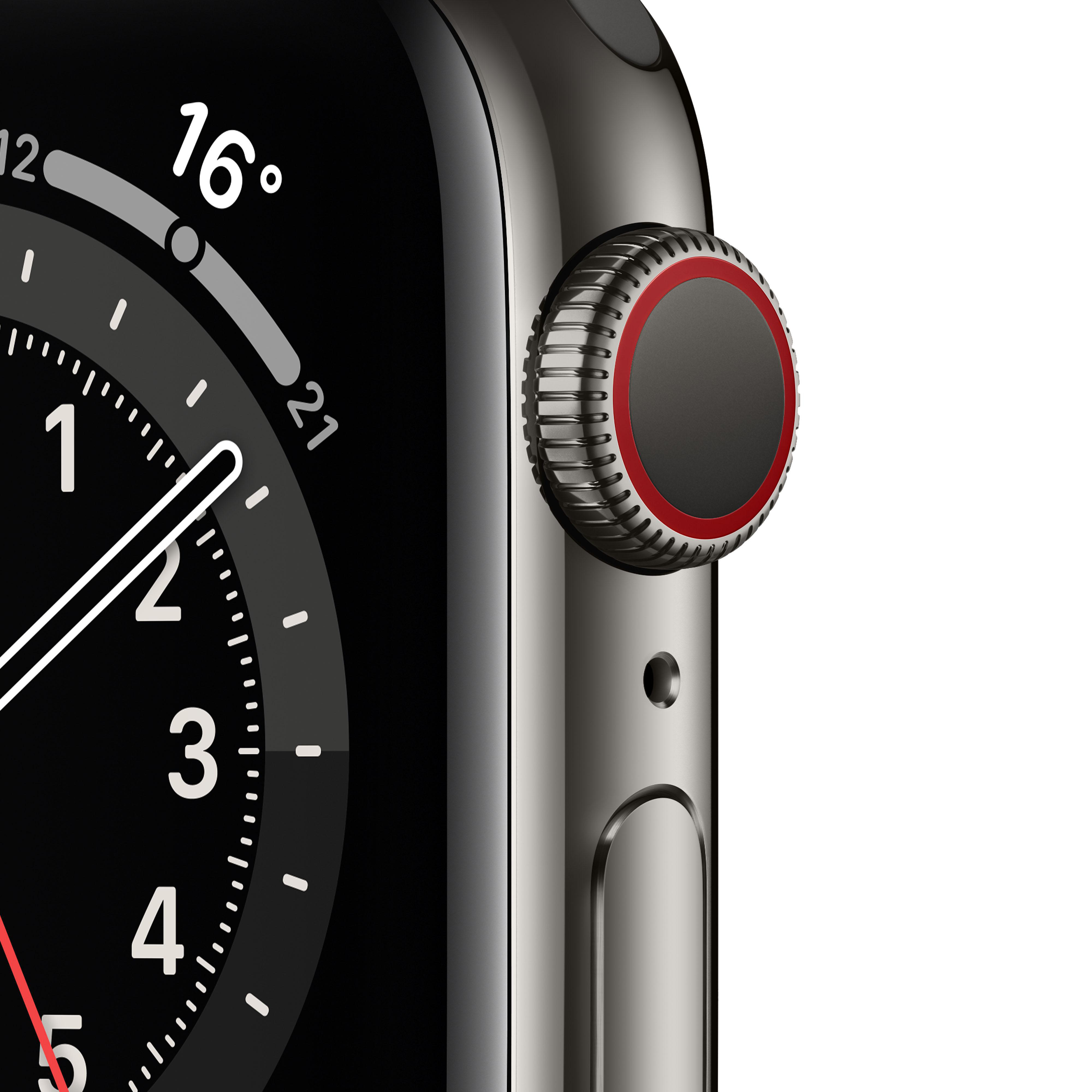 APPLE Watch Series 6 (GPS + Cellular) 40mm Smartwatch Edelstahl Fluorelastomer, 130 - 200 mm, Armband: Schwarz, Gehäuse: Graphit