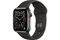 APPLE Watch Series 6 (GPS + Cellular) 40mm Smartwatch Edelstahl Fluorelastomer, 130 - 200 mm, Armband: Schwarz, Gehäuse: Graphit
