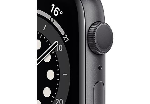 Smartwatch APPLE Watch Series 6 (GPS), 44 mm Aluminiumgehäuse Space Grau,  Sportarmband Schwarz Smartwatch Aluminium Fluorelastomer, 140 | 220 mm,  Schwarz/Space Grau - MediaMarkt
