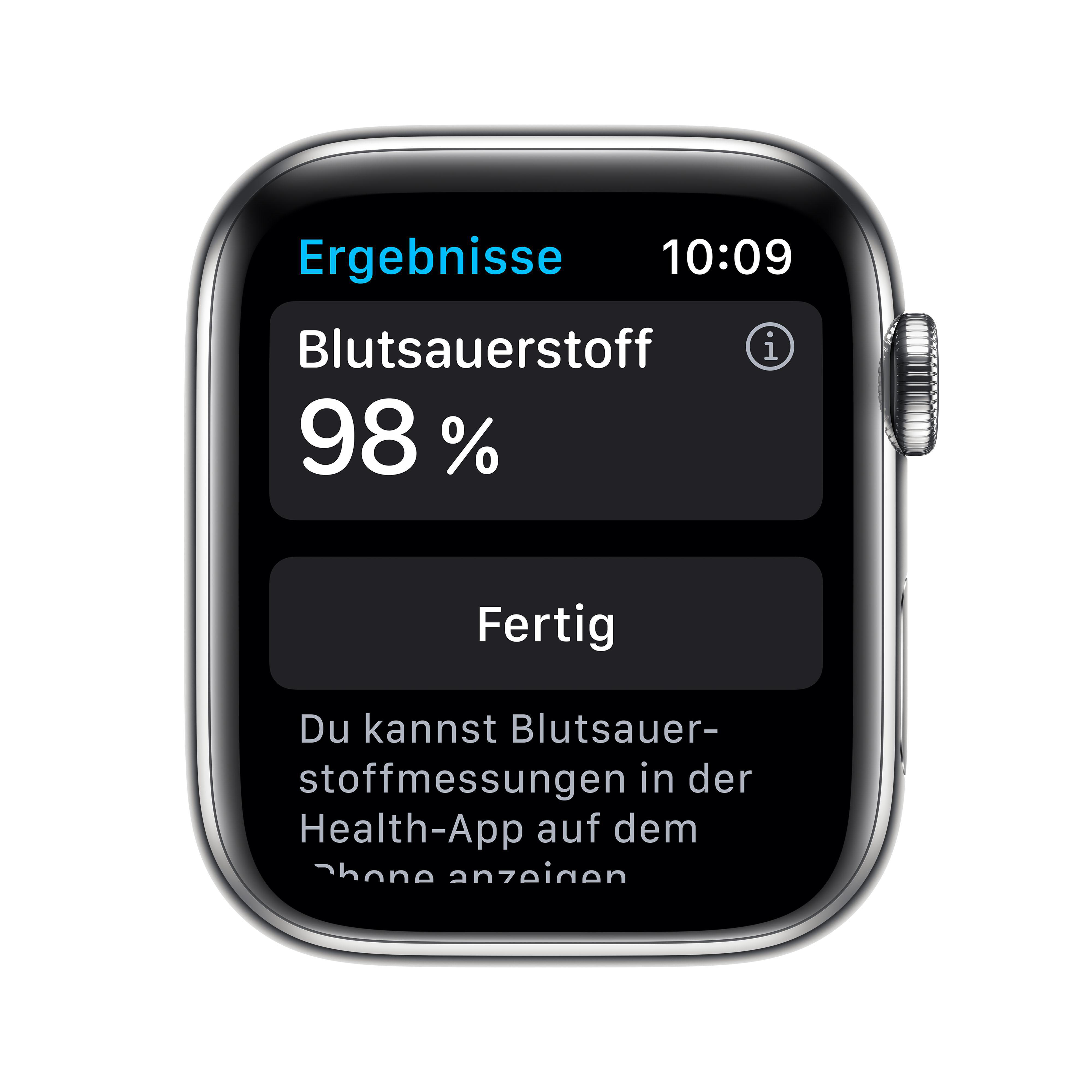 APPLE Watch Series 6 (GPS + Cellular) 44mm Smartwatch Edelstahl Fluorelastomer, 140 - 210 mm, Armband: Weiß, Gehäuse: Silber