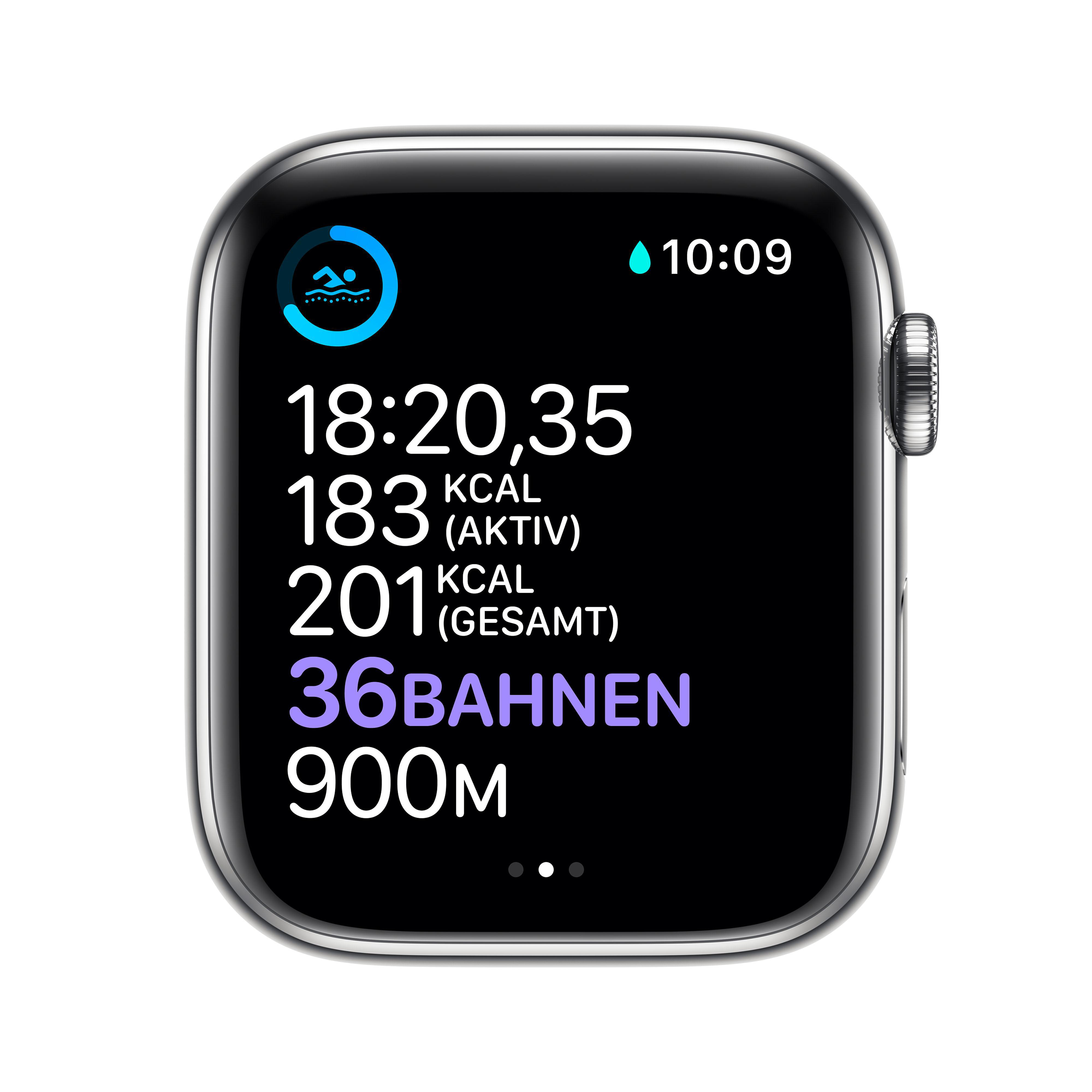 APPLE Watch Series 6 (GPS + Cellular) 44mm Smartwatch Edelstahl Fluorelastomer, 140 - 210 mm, Armband: Weiß, Gehäuse: Silber