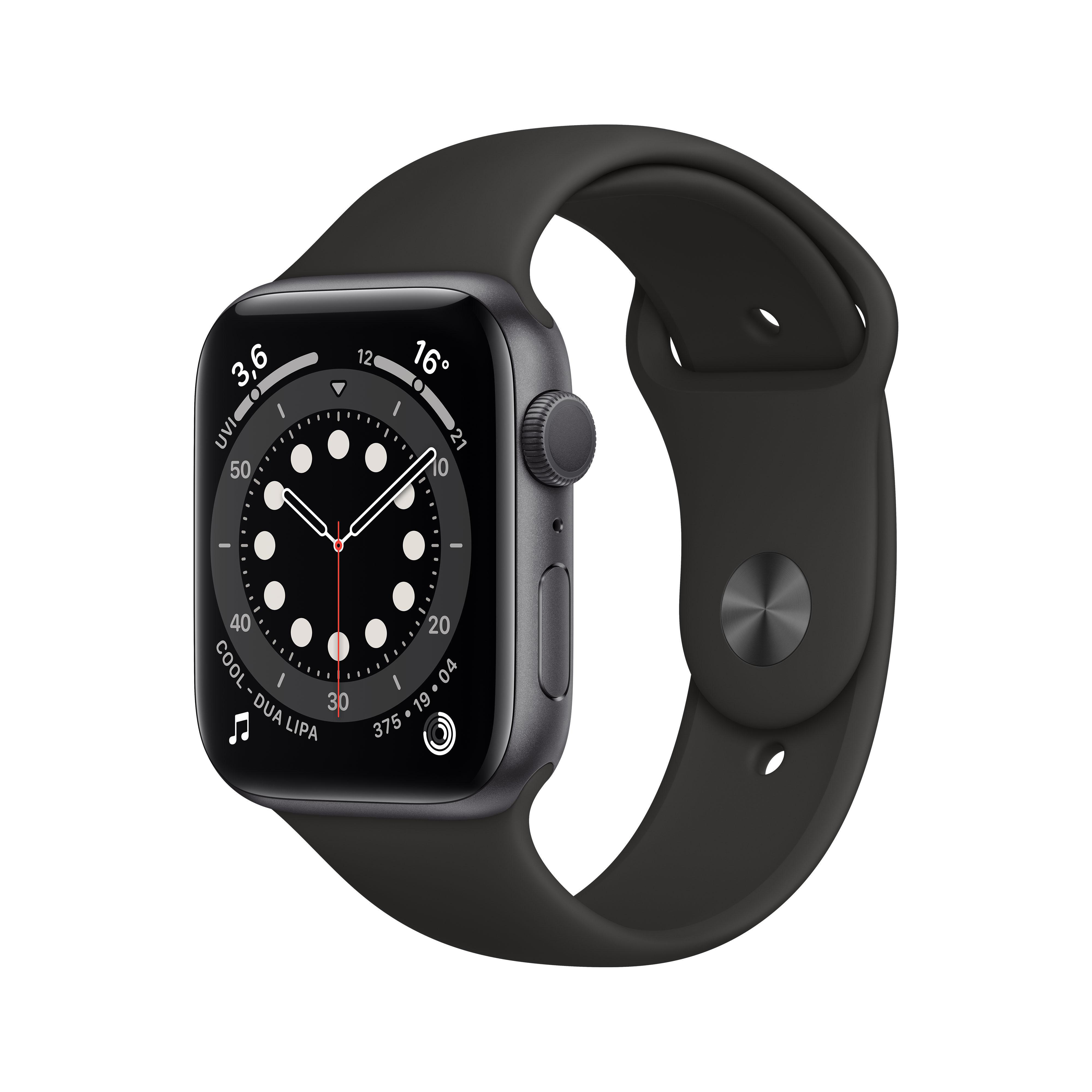 Aluminium Smartwatch Grau Watch (GPS), Fluorelastomer, mm, Sportarmband Aluminiumgehäuse Space Schwarz Series 6 - 44 APPLE Grau, mm Schwarz/Space 220 140