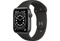 APPLE Watch Series 6 (GPS), 44 mm Aluminiumgehäuse Space Grau, Sportarmband Schwarz Smartwatch Aluminium Fluorelastomer, 140 - 220 mm, Schwarz/Space Grau