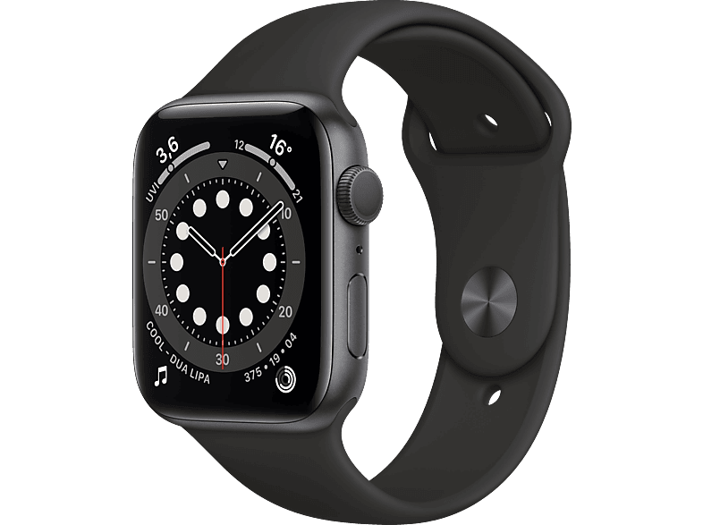 APPLE Watch Series 6 (GPS), 44 mm Aluminiumgehäuse Space Grau, Sportarmband Schwarz Smartwatch Aluminium Fluorelastomer, 140 - 220 mm, Schwarz/Space Grau