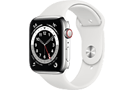 APPLE Watch Series 6 (GPS + Cellular) 44mm Smartwatch Edelstahl Fluorelastomer, 140 - 210 mm, Armband: Weiß, Gehäuse: Silber