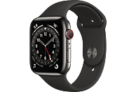 APPLE Watch Series 6 (GPS + Cellular) 44mm Smartwatch Edelstahl Fluorelastomer, 140 - 210 mm, Armband: Schwarz, Gehäuse: Graphit