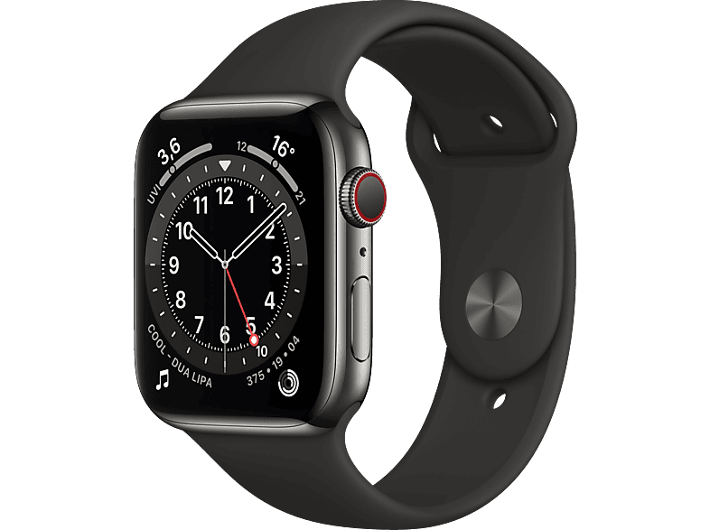 APPLE Watch Series 6 (GPS + Cellular) 44mm Smartwatch Edelstahl Fluorelastomer, 140 - 210 mm, Armband: Schwarz, Gehäuse: Graphit