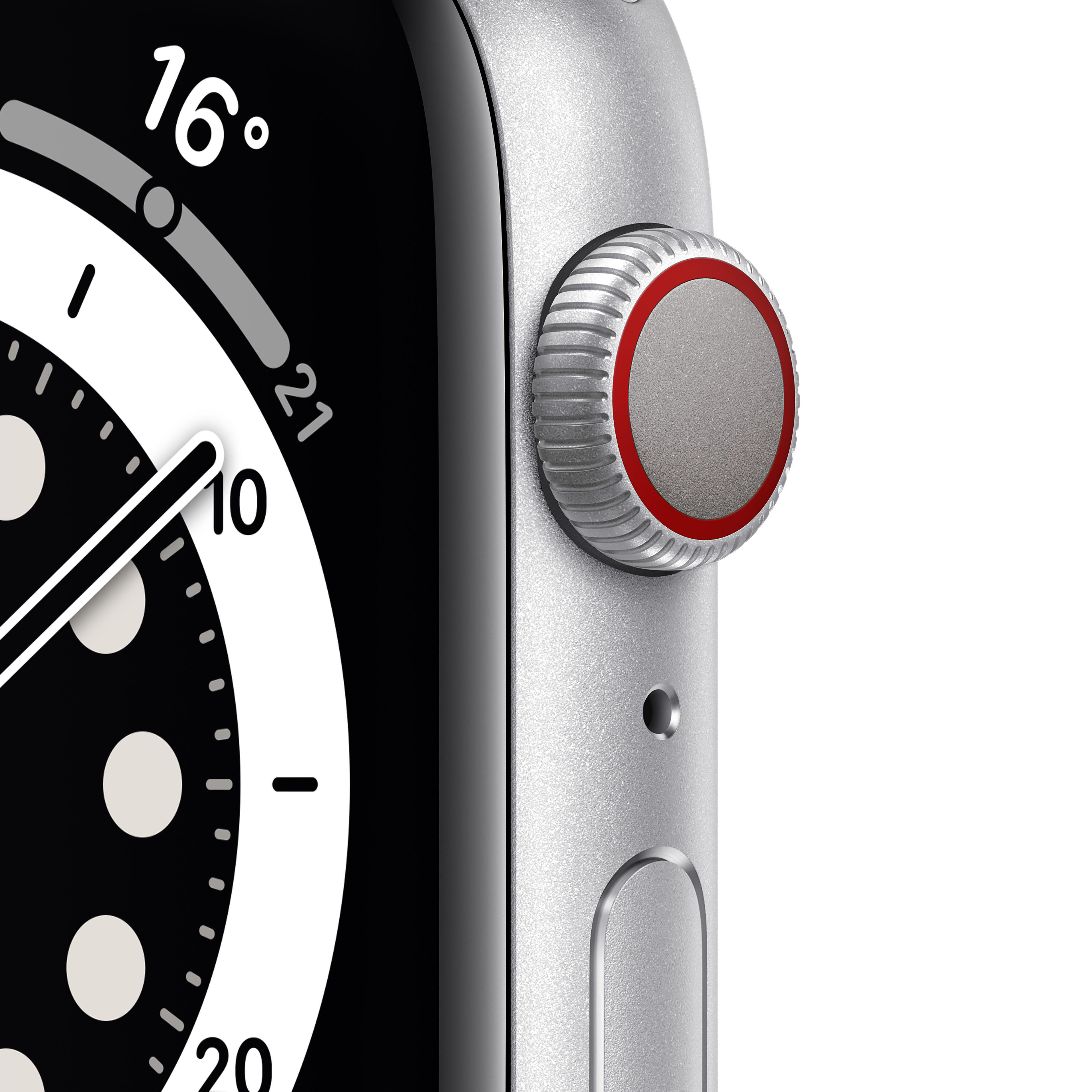 Series 140 Fluorelastomer, Armband: Weiß, mm, Smartwatch Watch Aluminium - Cellular) 6 APPLE + (GPS 210 Gehäuse: Silber 44mm
