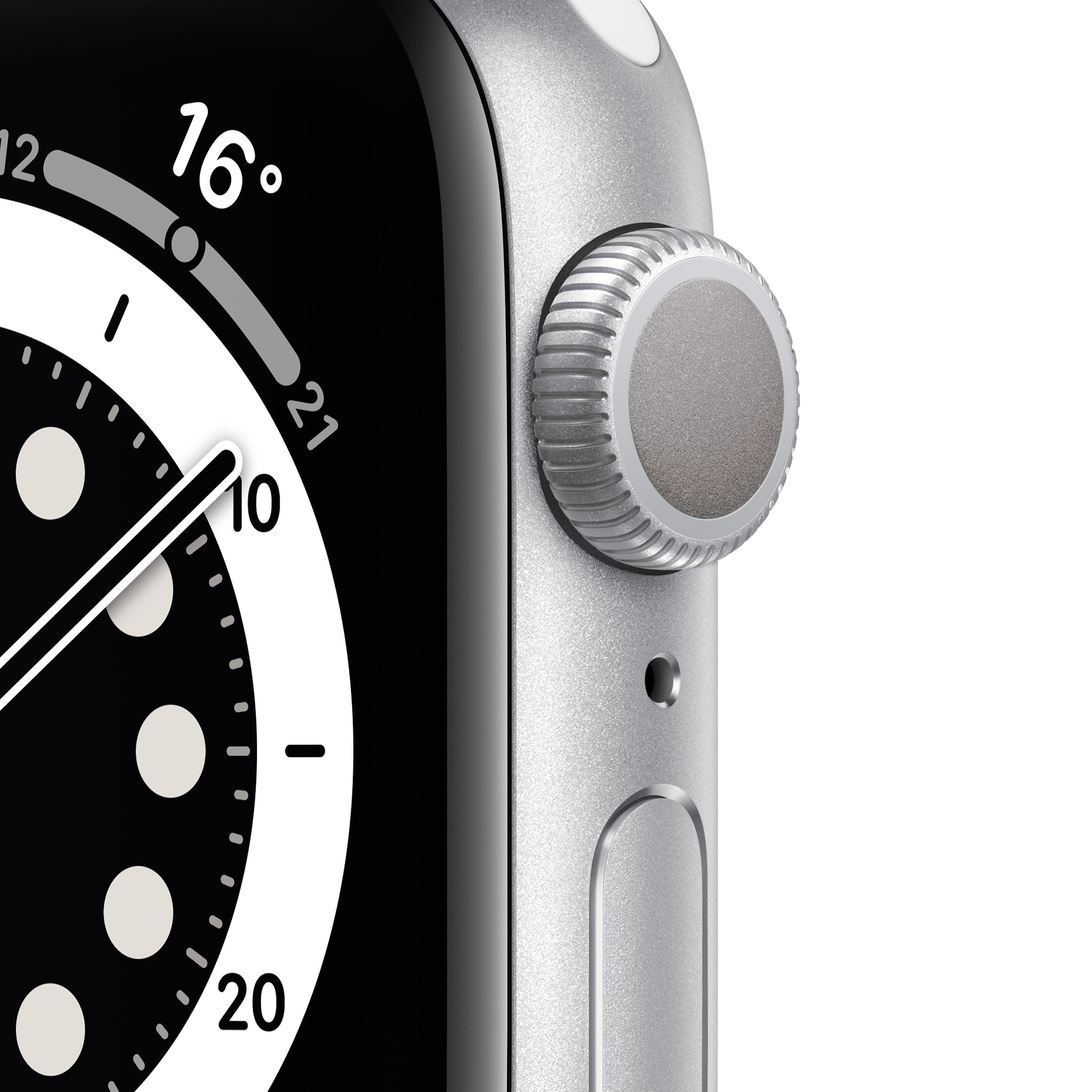 APPLE Watch Series 6 (GPS) 40mm Smartwatch Aluminium Fluorelastomer, 130 - 200 mm, Silber/Weiß