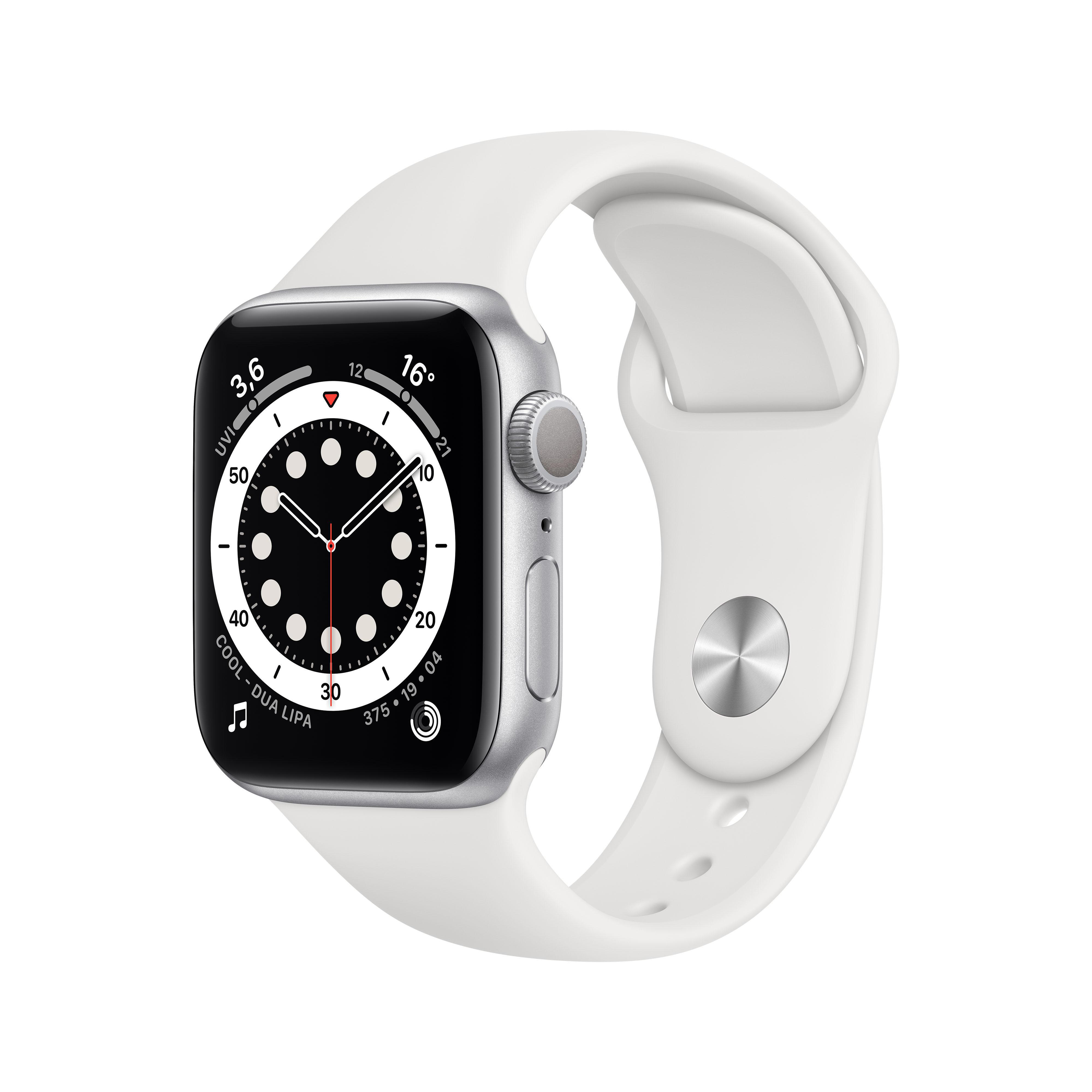 APPLE Watch Series 6 (GPS) 40mm Smartwatch Aluminium Fluorelastomer, 130 - 200 mm, Silber/Weiß