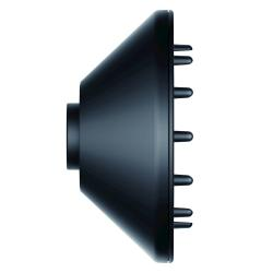 Eine schwarze Haartrocknerdüse, Seitenansicht, mit konischer Form und Zinken.