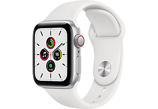 APPLE Watch SE (GPS + Cellular) 40mm Smartwatch Aluminium Fluorelastomer, 130 - 200 mm, Armband: Weiß, Gehäuse: Silber