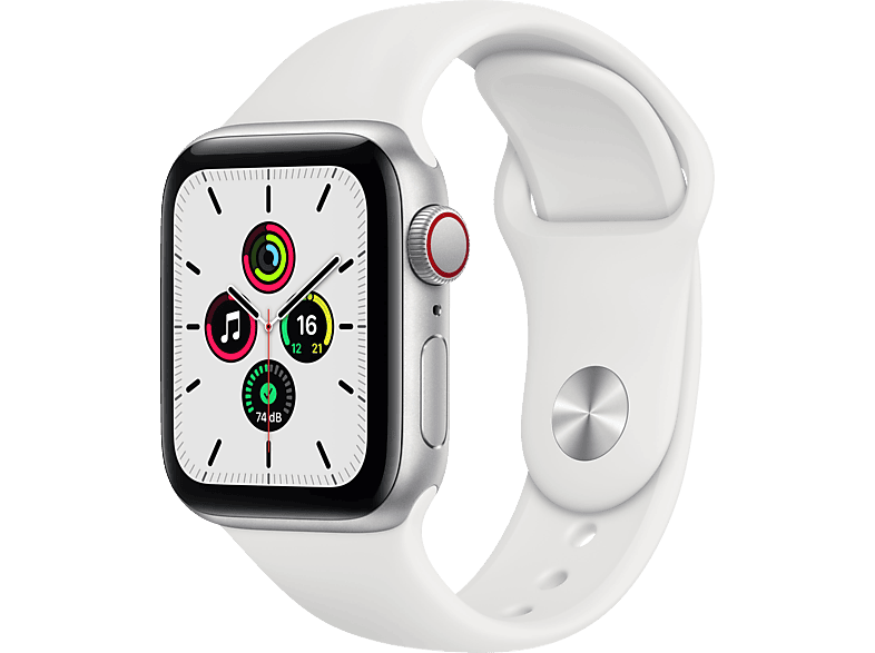 APPLE Watch SE (GPS + Cellular) 40mm Smartwatch Aluminium Fluorelastomer, 130 - 200 mm, Armband: Weiß, Gehäuse: Silber