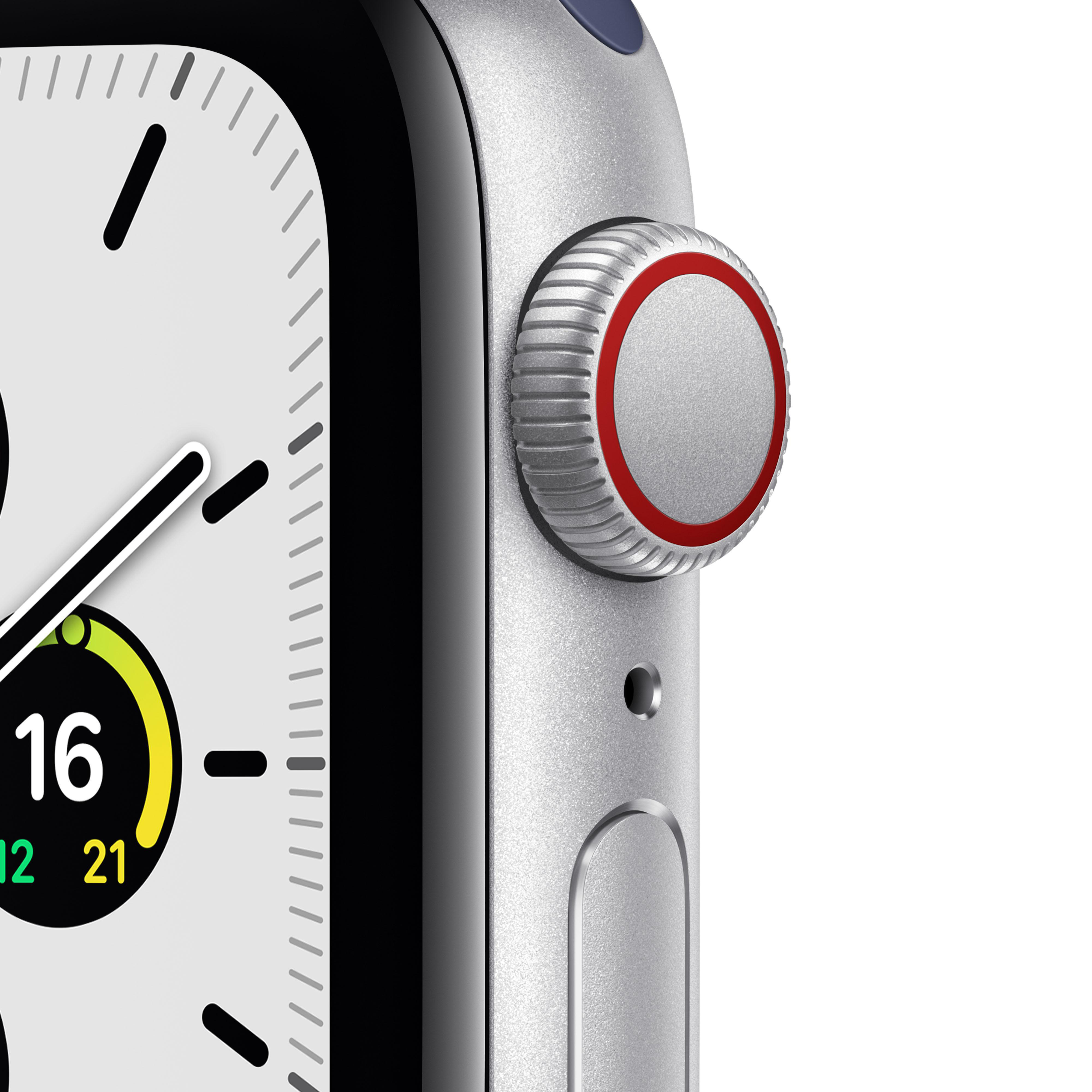 APPLE Watch SE (GPS + Cellular) 40mm Smartwatch Aluminium Nylon, 130 - 200 mm, Armband: Dunkelmarine, Gehäuse: Silber
