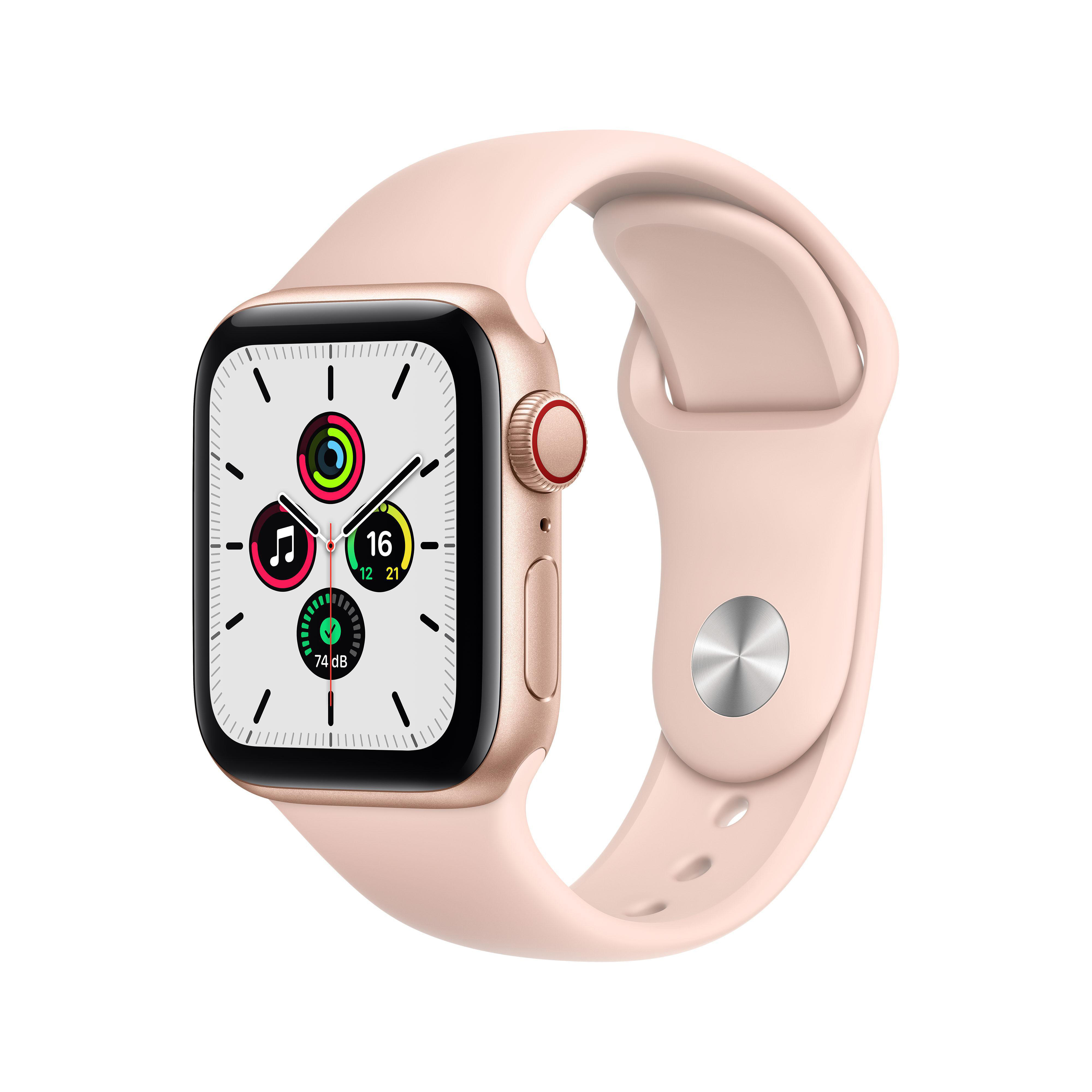 APPLE Watch SE (GPS + Cellular) 40mm Smartwatch Aluminium Fluorelastomer, 130 - 200 mm, Armband: Pink Sand, Gehäuse: Gold