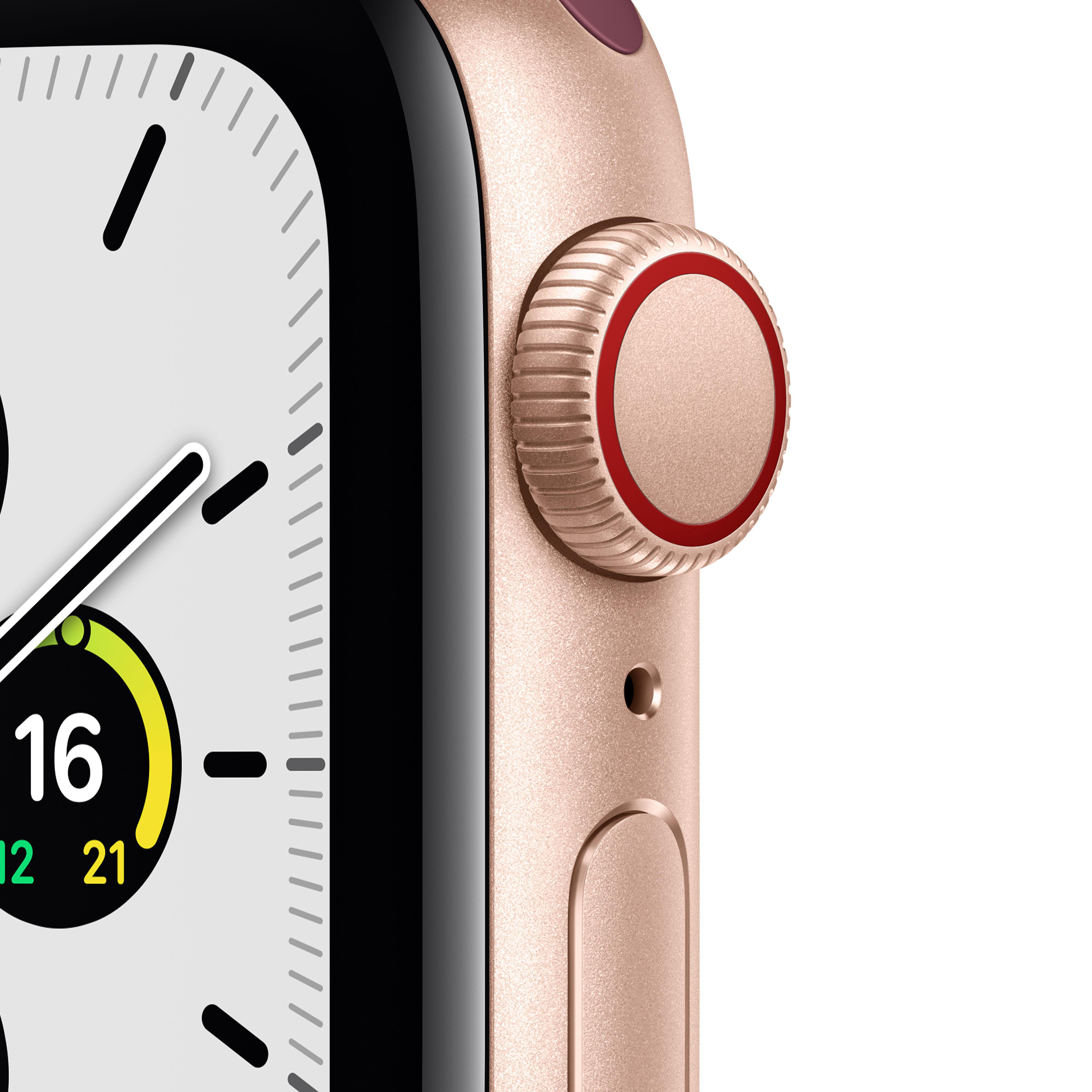 APPLE Watch SE (GPS + Cellular) 40mm Smartwatch Aluminium Nylon, 130 - 200 mm, Armband: Pflaume, Gehäuse: Gold