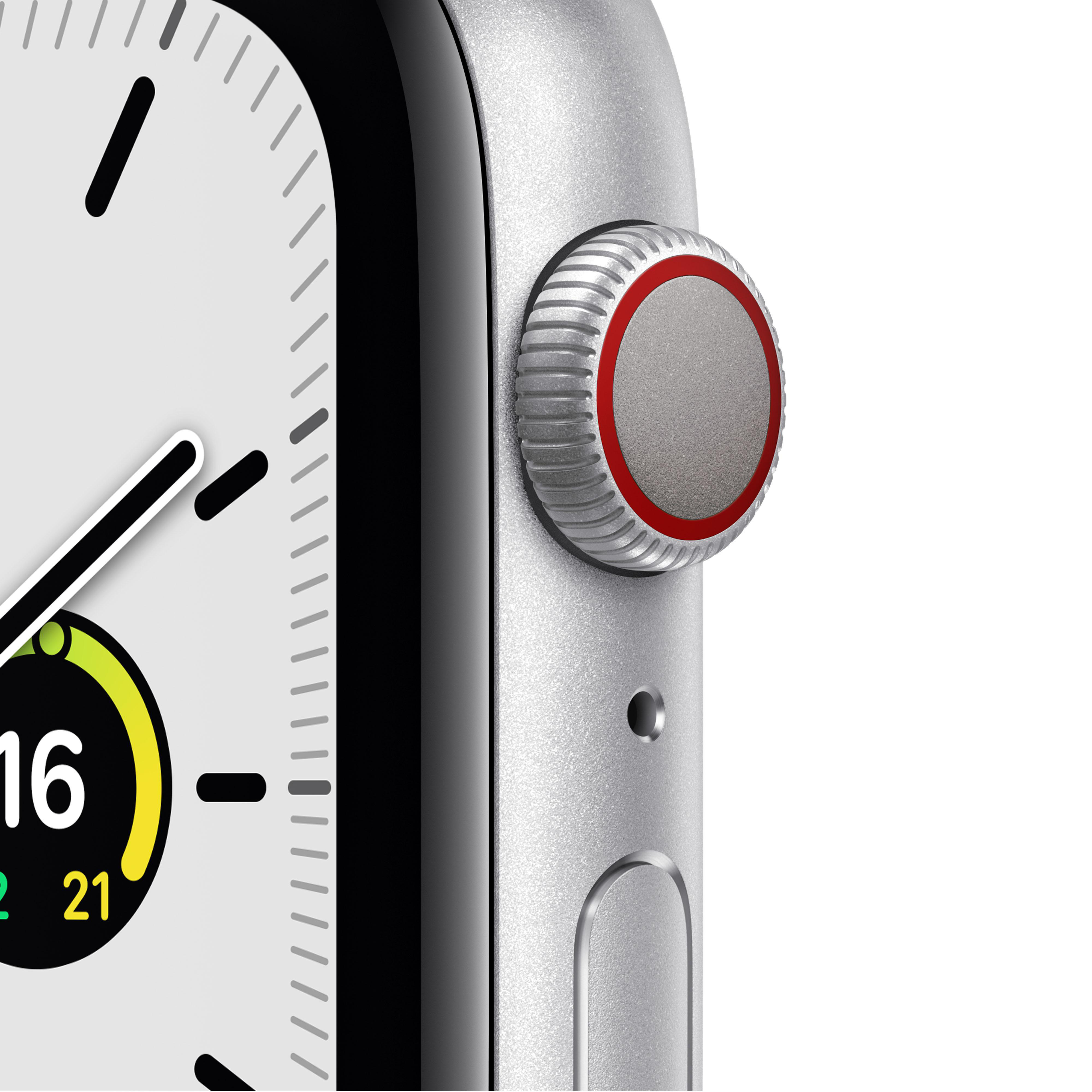 APPLE Watch SE (GPS + Cellular) 44mm Smartwatch Aluminium Nylon, 145 - 220 mm, Armband: Dunkelmarine, Gehäuse: Silber