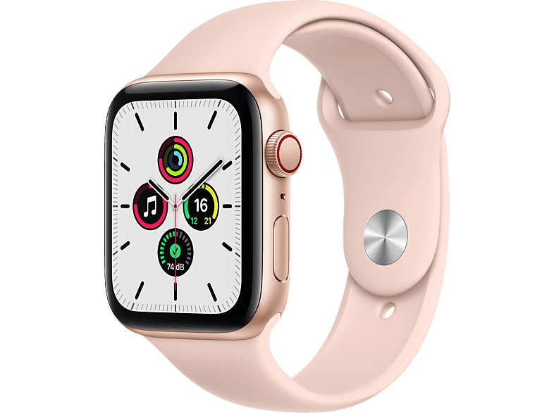 APPLE Watch SE (GPS + Cellular) 44mm Smartwatch Aluminium Fluorelastomer, 140 - 210 mm, Armband: Pink Sand, Gehäuse: Gold