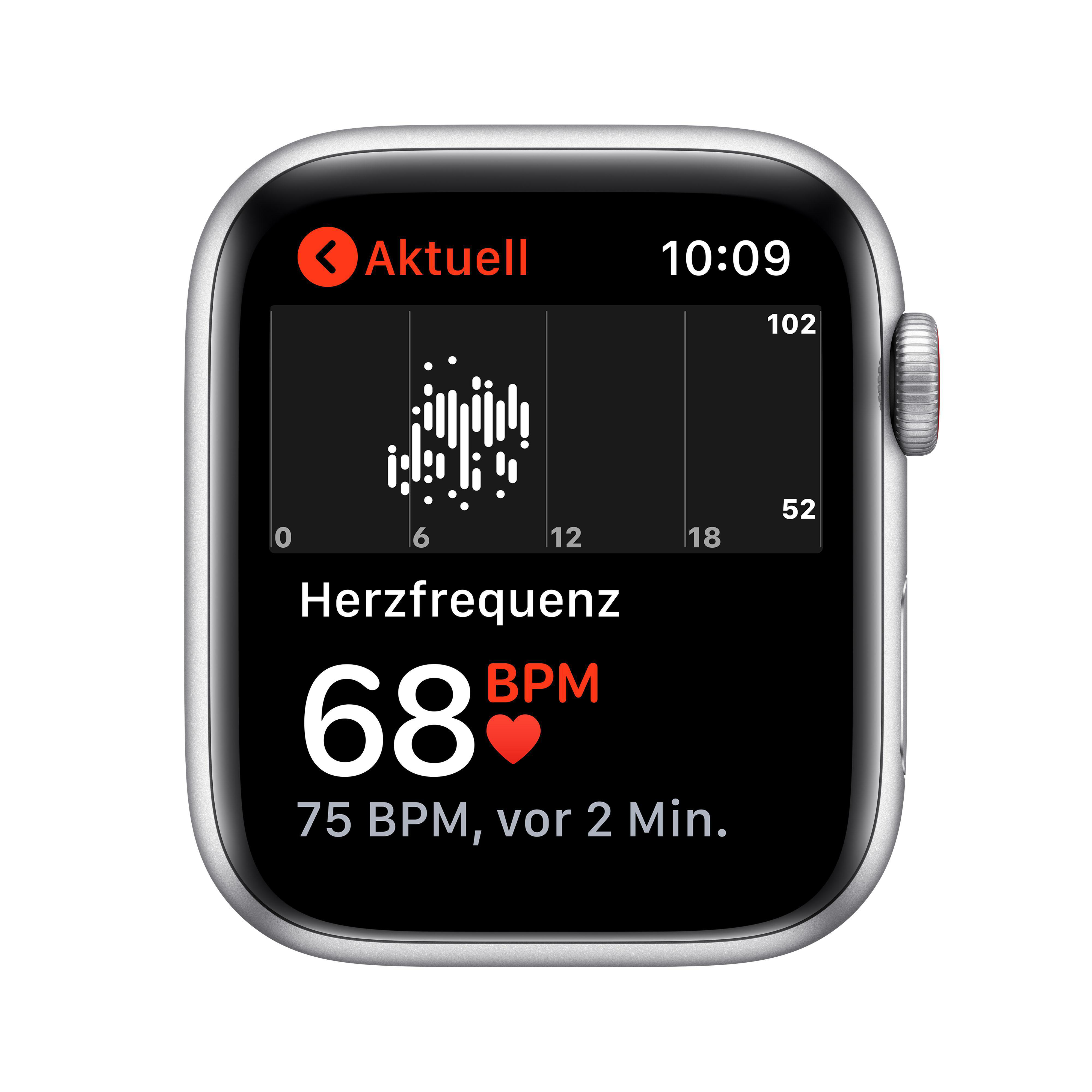 APPLE Watch SE (GPS + Cellular) 44mm Smartwatch Aluminium Nylon, 145 - 220 mm, Armband: Dunkelmarine, Gehäuse: Silber