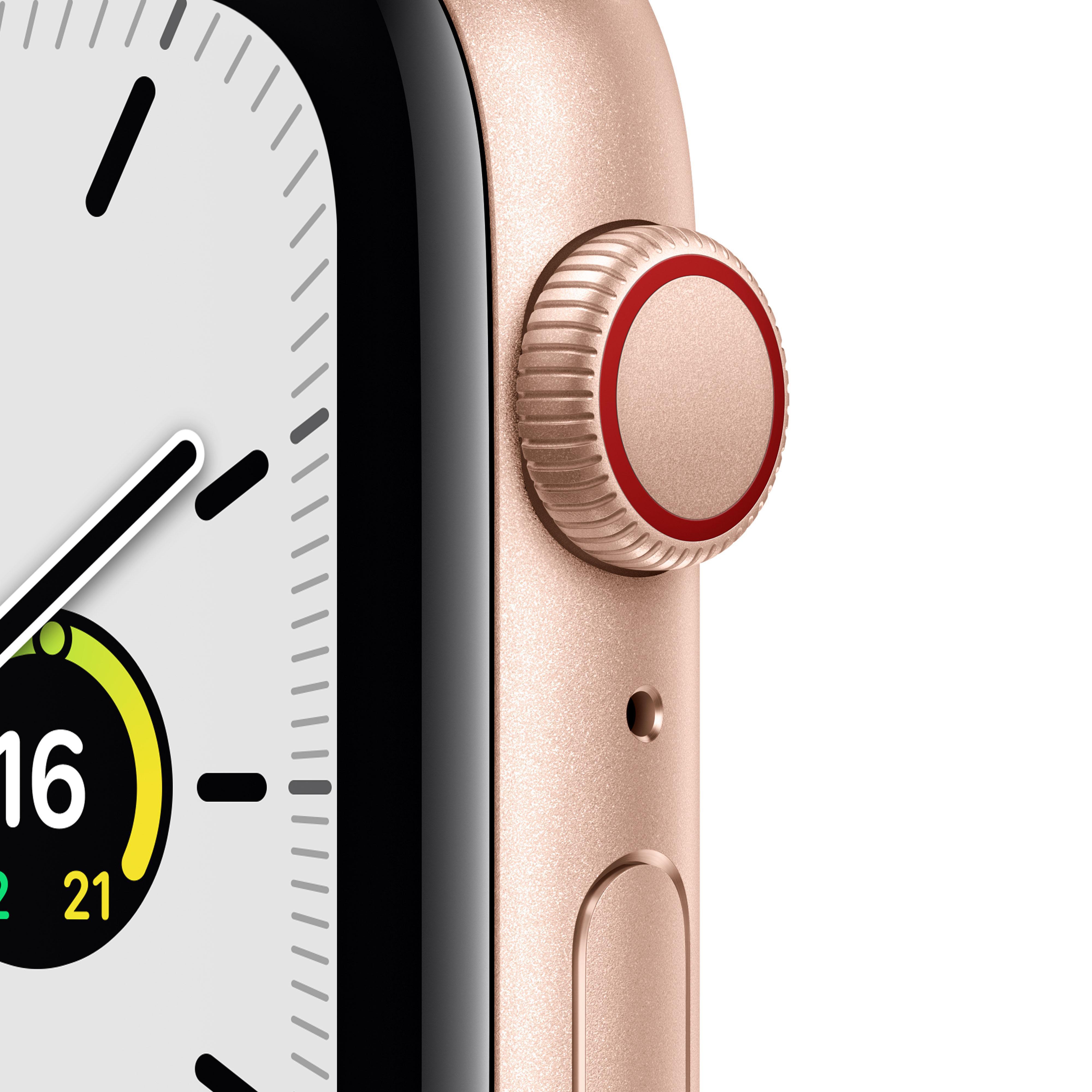 APPLE Watch SE (GPS + Cellular) 44mm Smartwatch Aluminium Nylon, 145 - 220 mm, Armband: Pflaume, Gehäuse: Gold