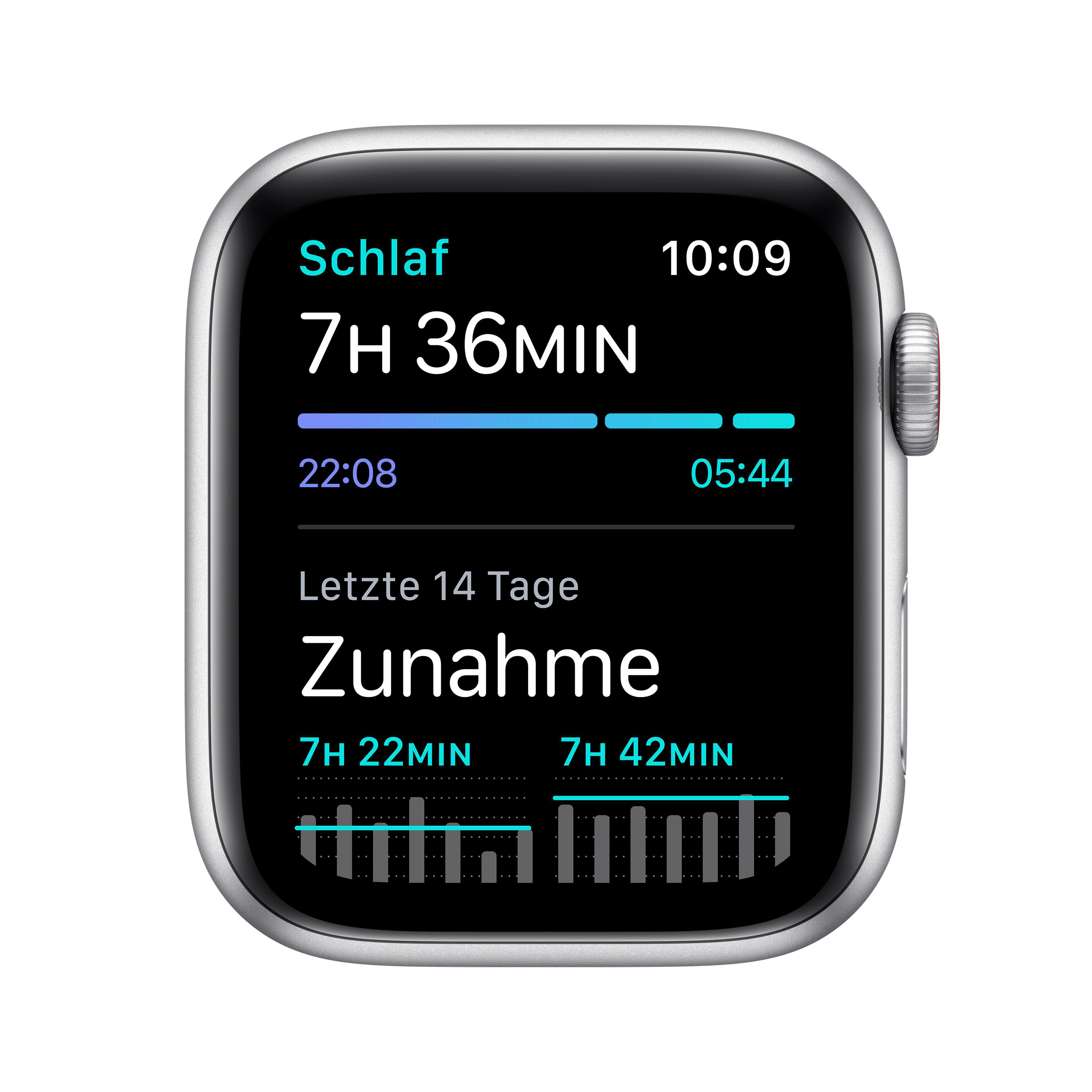 APPLE Watch SE (GPS + Cellular) 44mm Smartwatch Aluminium Nylon, 145 - 220 mm, Armband: Dunkelmarine, Gehäuse: Silber