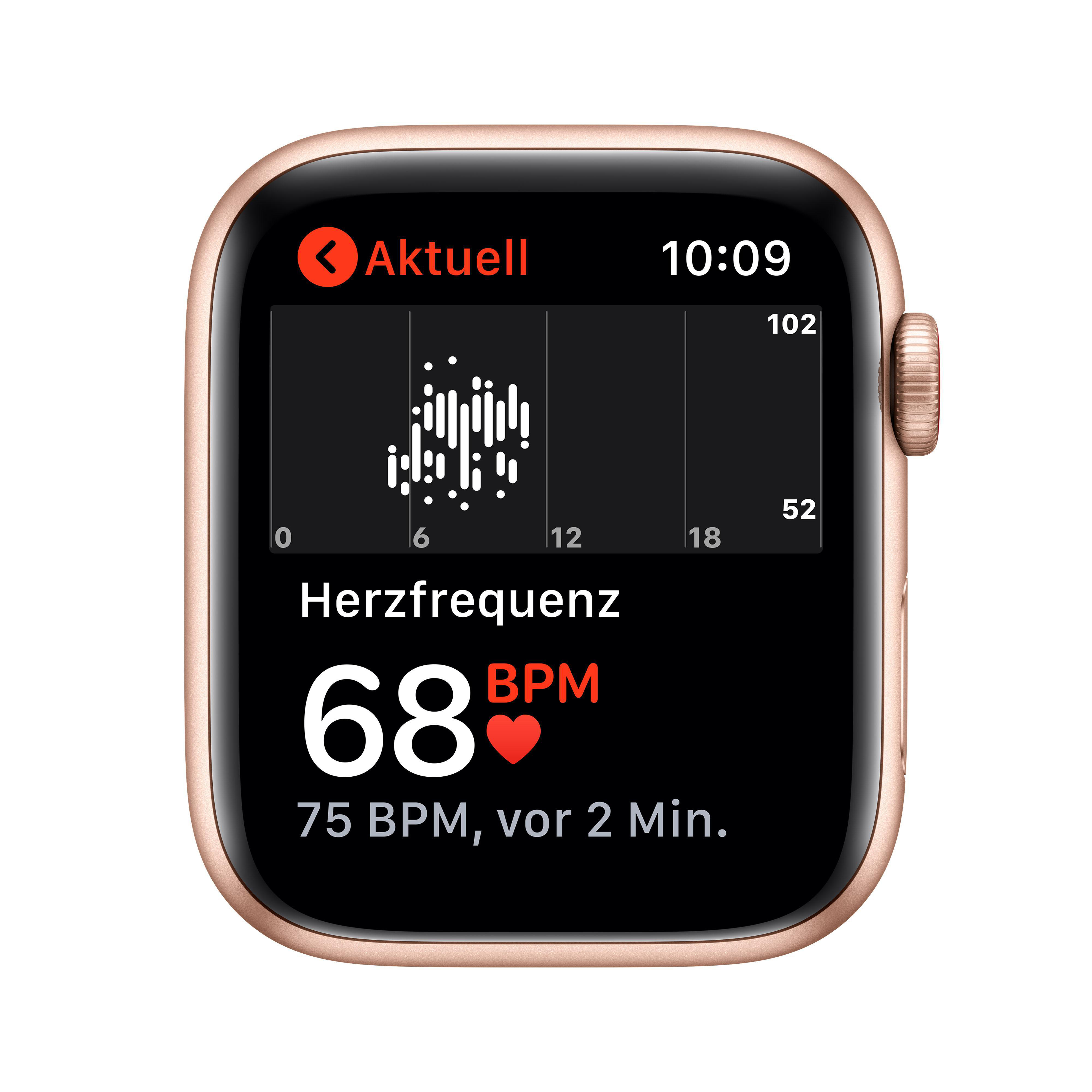 APPLE Watch SE (GPS + Cellular) 44mm Smartwatch Aluminium Nylon, 145 - 220 mm, Armband: Pflaume, Gehäuse: Gold